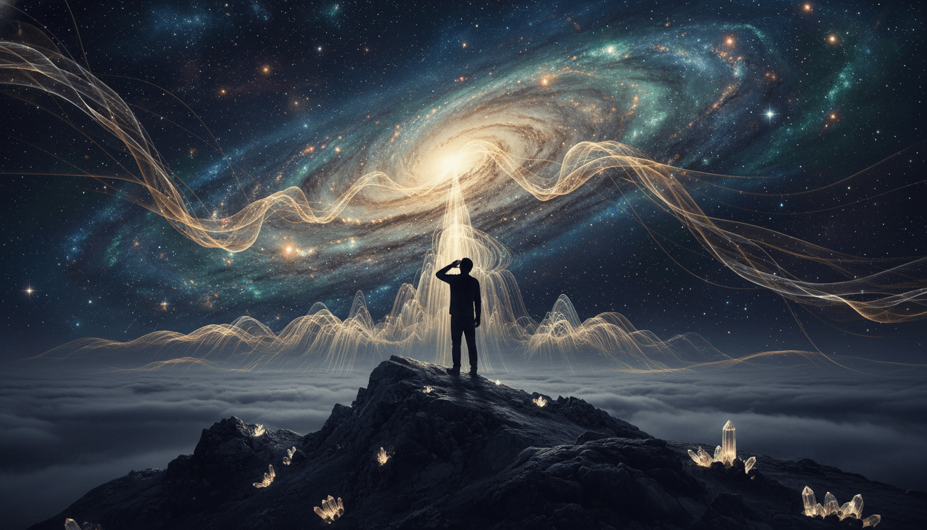 Vast universe with glowing nebulae, inviting thoughtful observation and listening.