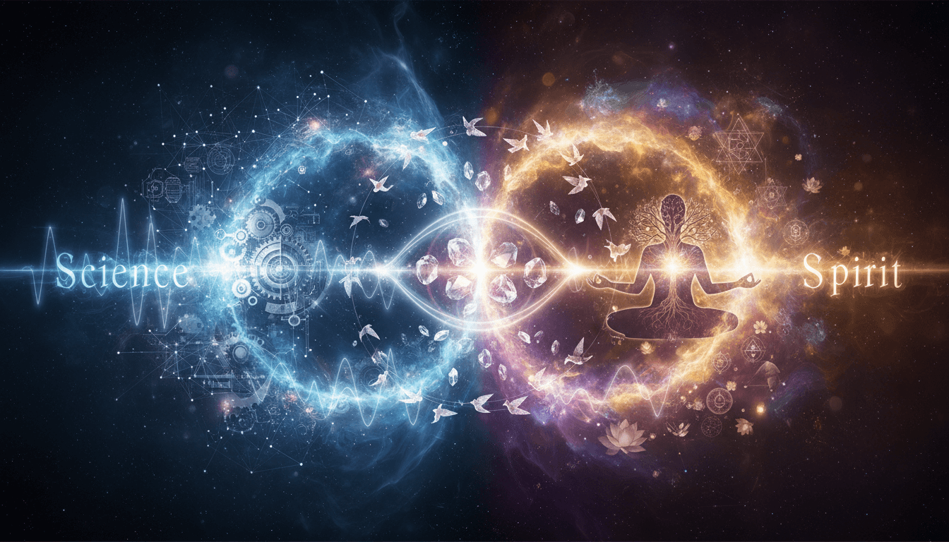 Harmonious blend of scientific diagrams and spiritual symbols for synchronicity.