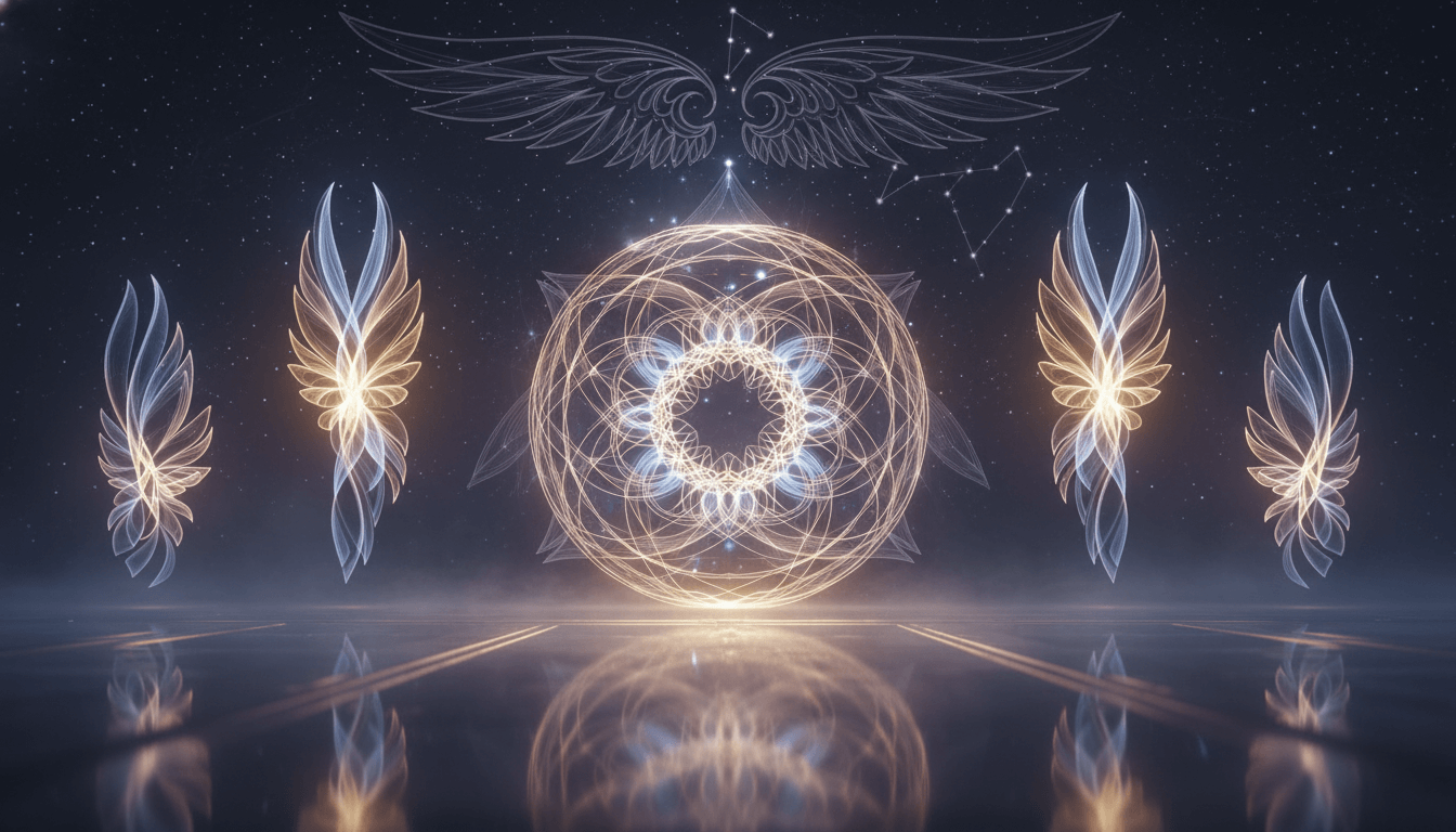 A visual guide for decoding angel numbers 111 through 999 with spiritual imagery.