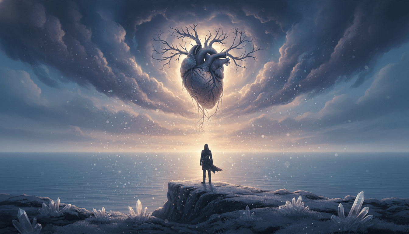 Bare branches reaching skyward through a veil of soft, ethereal light.