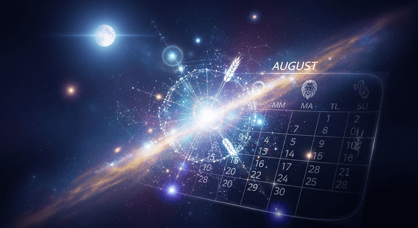 The side view of a galaxy with a calender that has the month of August as the title
