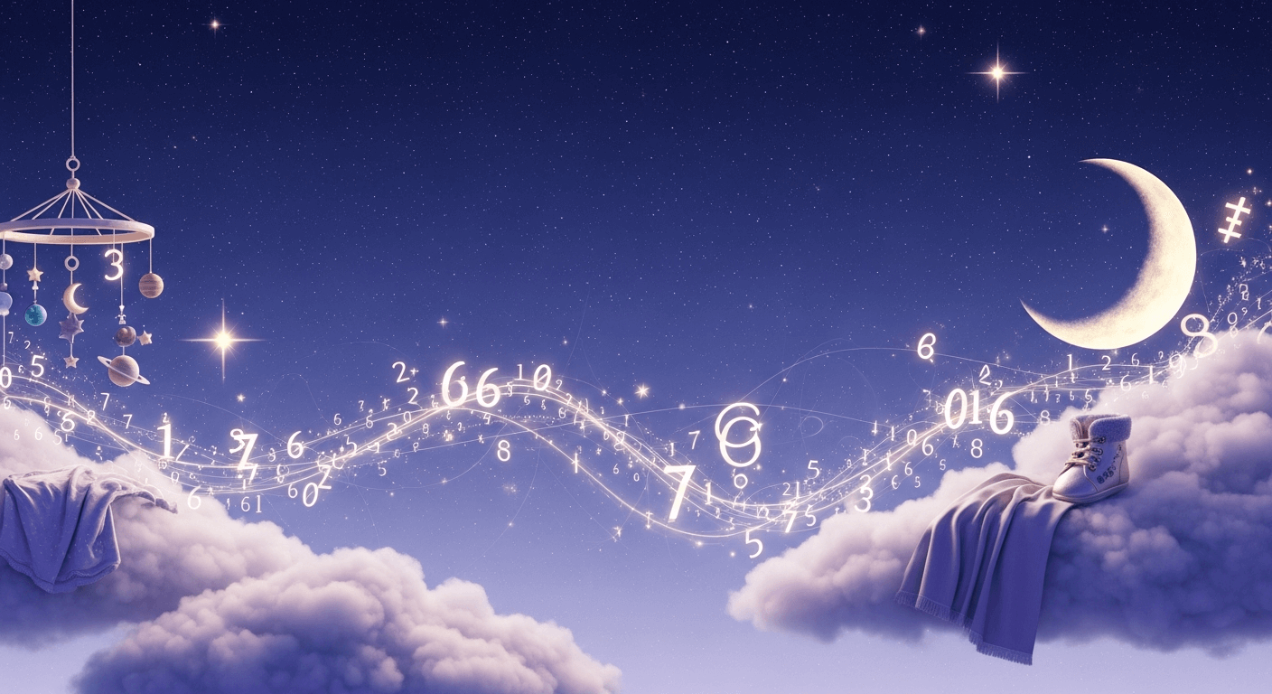 A magical night scene with a baby mobile and bootie resting on clouds, under a crescent moon, with glowing streams of numbers flowing through the sky.