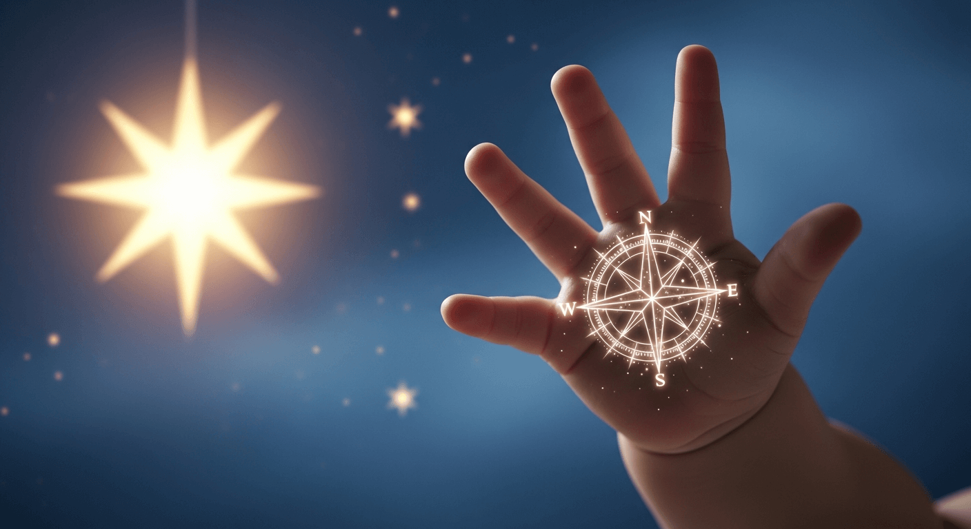 A baby's open hand against a night sky, with a glowing compass rose on the palm and a bright guiding star shining nearby.