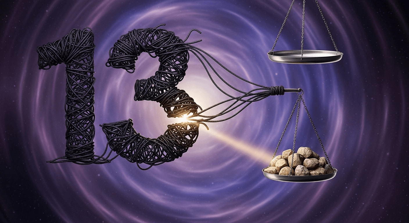 The number 13, formed from wires, connects to a balance scale with rocks on one pan, set against a cosmic background.