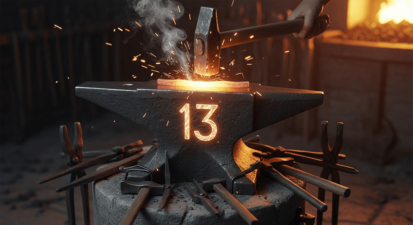 A hammer strikes a piece of glowing metal on a blacksmith's anvil, which has the number '13' glowing on its side.