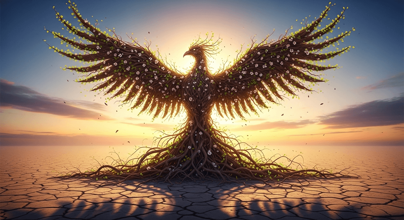 A phoenix-shaped tree with leaves and blossoms spreads its wings in a cracked desert landscape, silhouetted against a glowing sunrise.