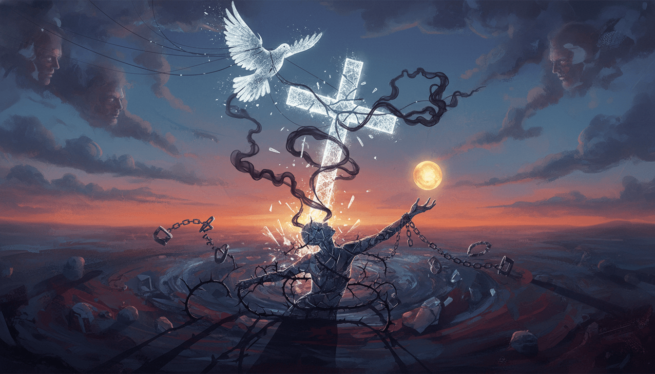 Spiritual light ensnared by broken chains, diagnosing freedom's abuse.