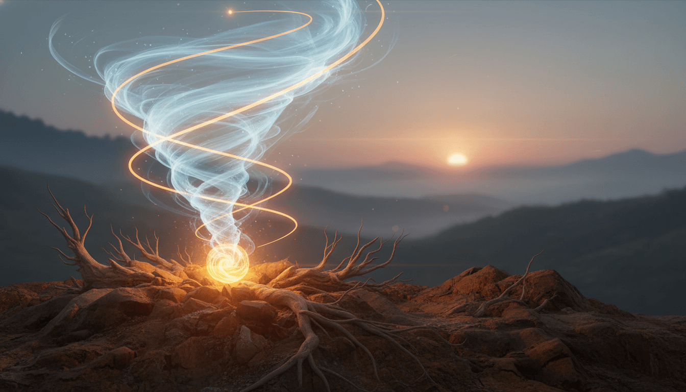 Deep roots anchor a tree against a windy sky.