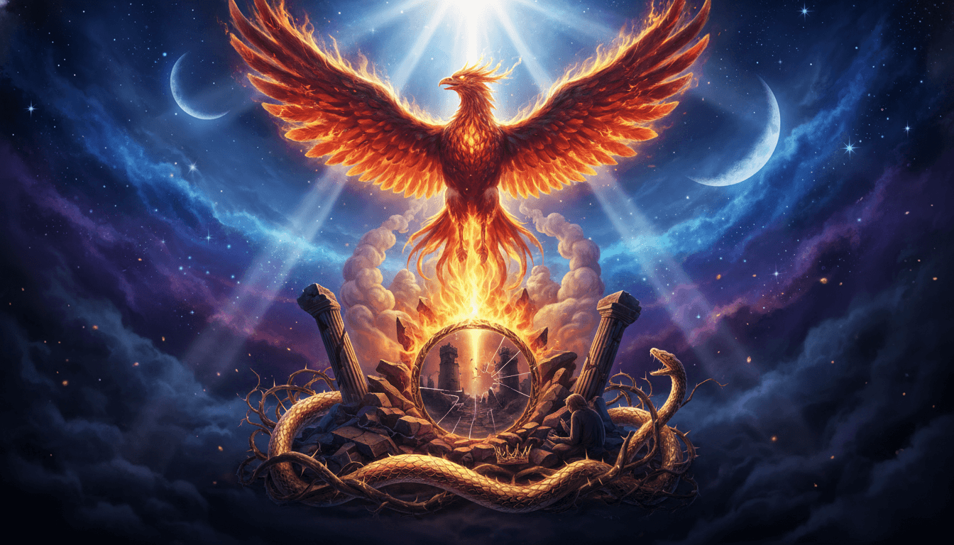 Phoenix rising from ashes, embodying radical transformation and spiritual rebirth.