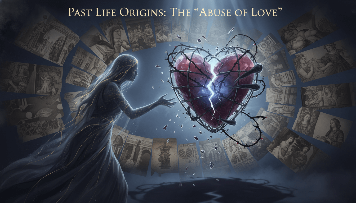 Ancient roots intertwine with a broken heart, symbolizing love's abuse.