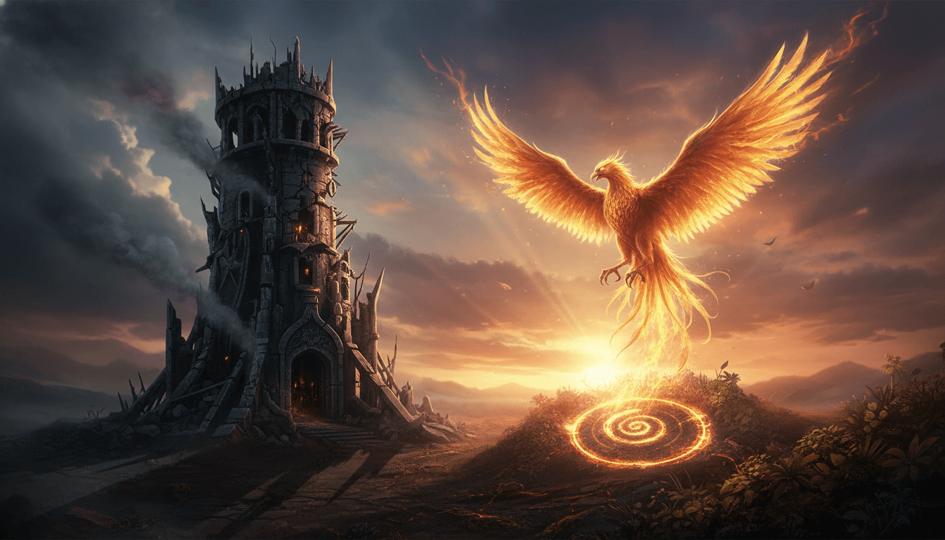 Symbolic depiction of a collapsing tower and a fiery phoenix ascending.
