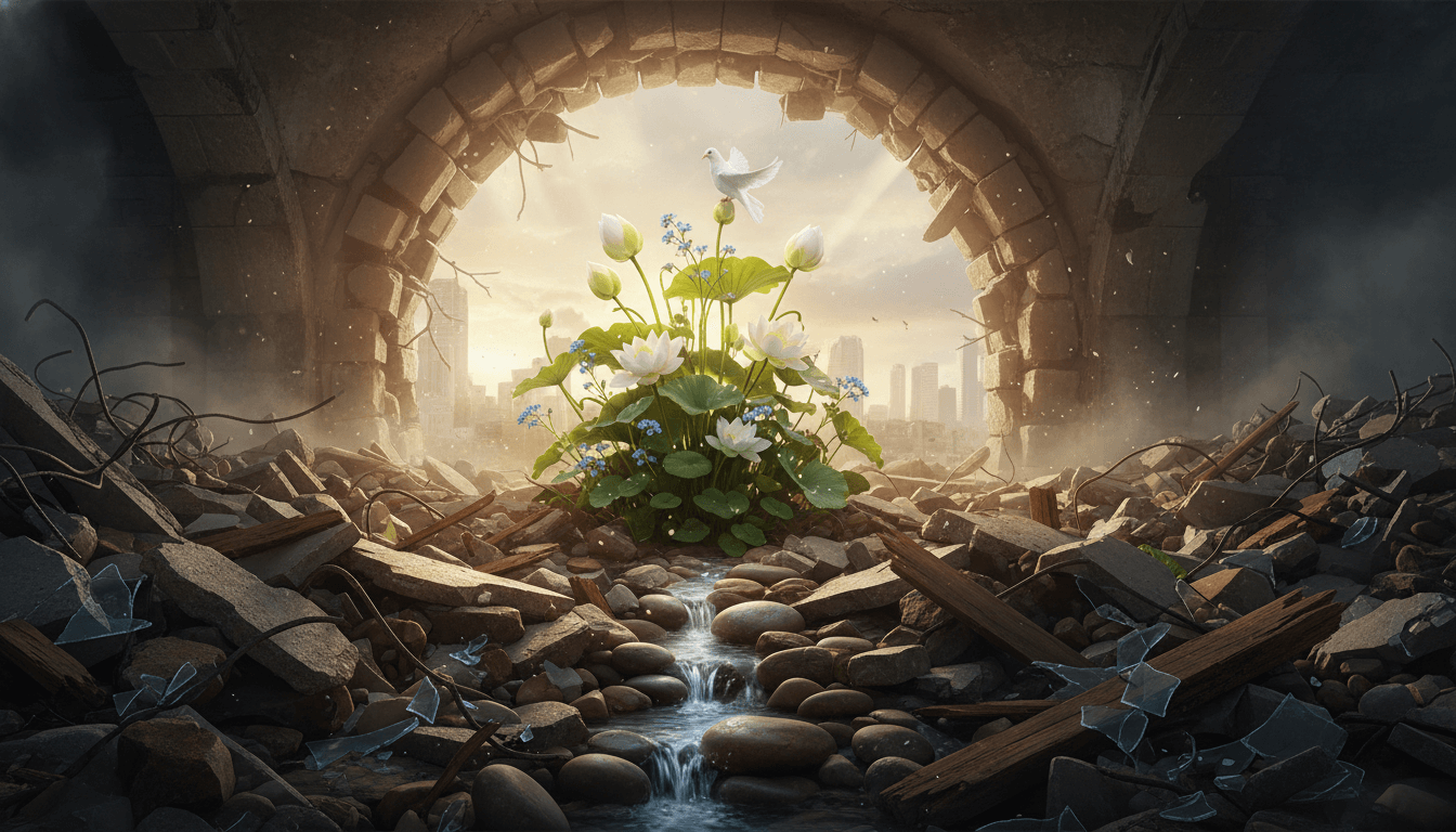 A vibrant flower growing defiantly through cracked concrete, symbolizing hope amid destruction.