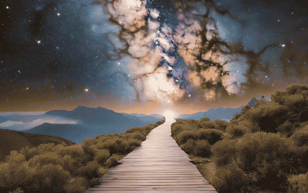 A long winding passage in an open field with dark skies ahead