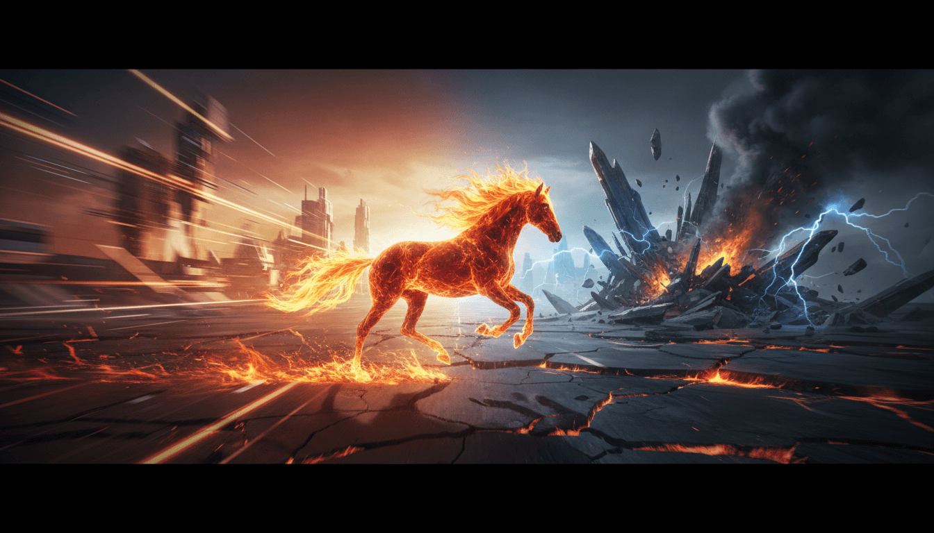 Fiery horse galloping, embodying speed and unpredictable power.