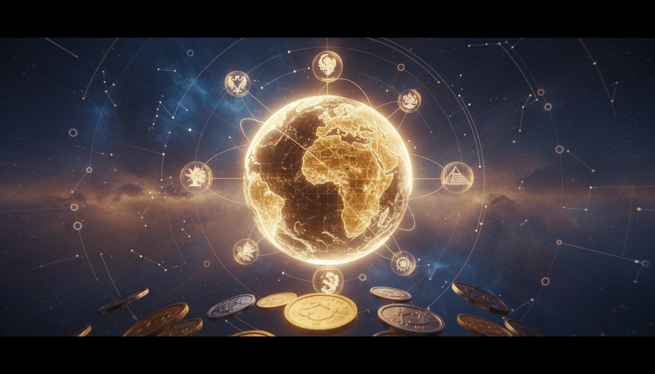 Globe with rising economic charts and national flags, symbolizing global sovereign growth.