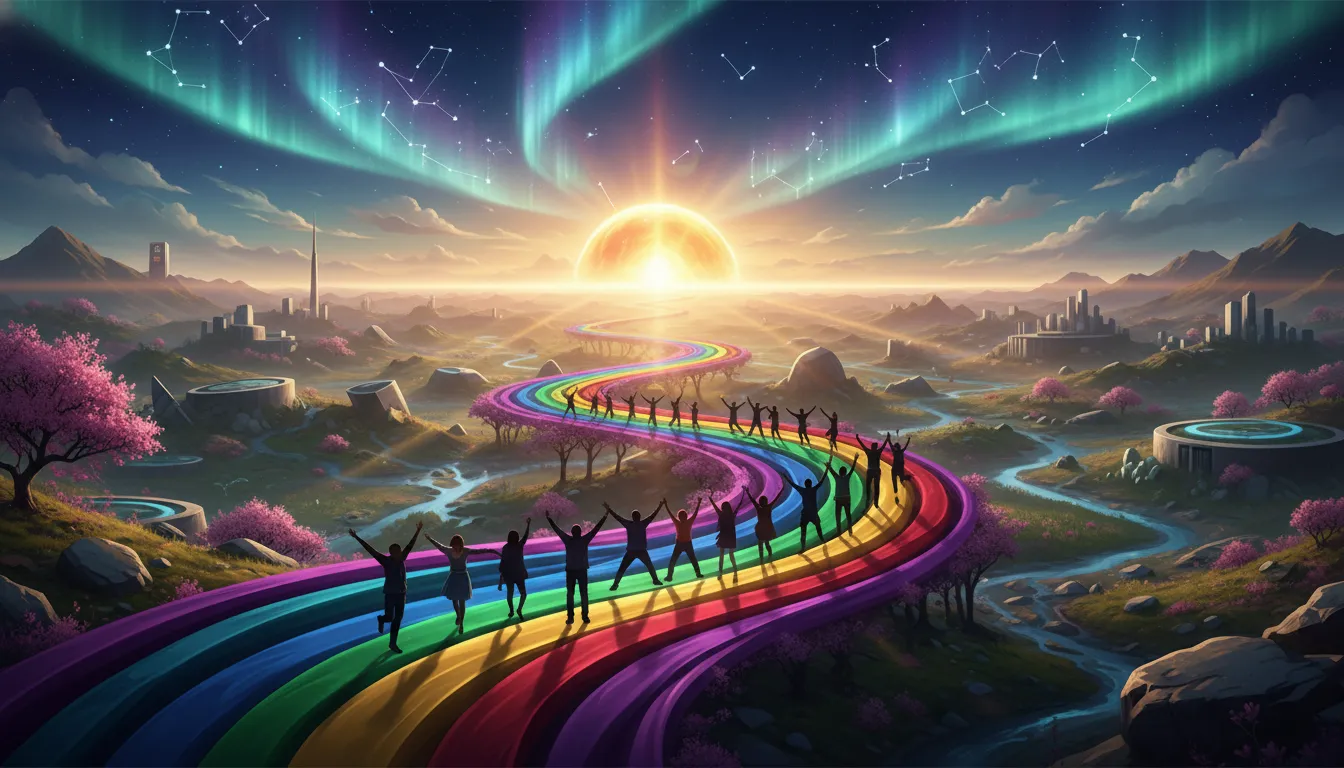 Vibrant journey concludes, a path of colorful fulfillment ahead.