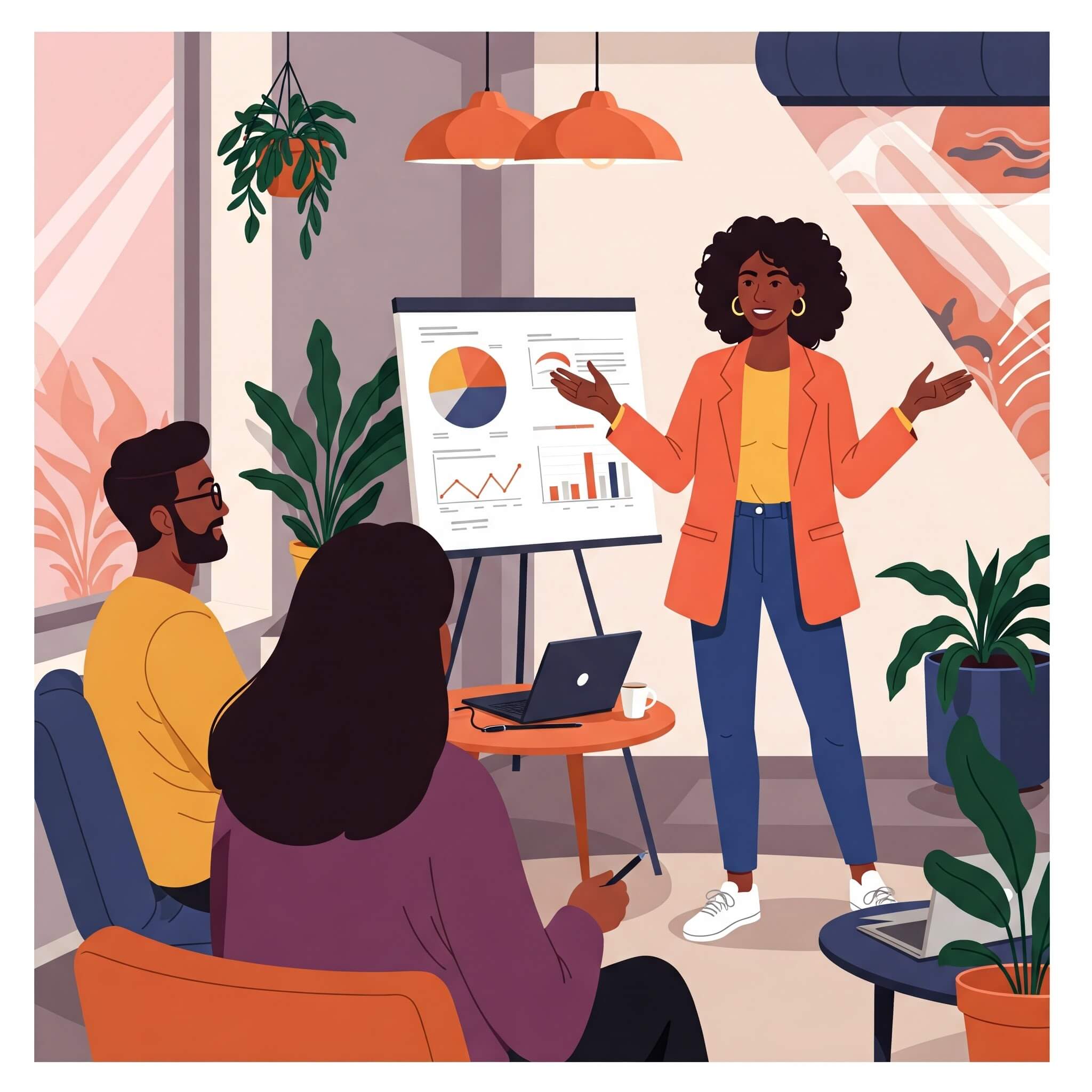 A person giving a meeting in an office in front of two co-workers