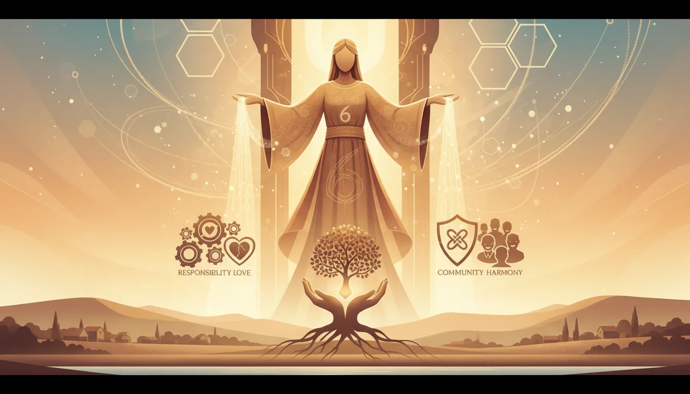 Stylized number 6 surrounded by protective, nurturing elements, symbolizing guardian strengths.