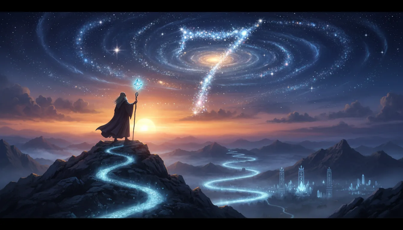 Solitary sage contemplating mystical number 7 and cosmic wisdom symbols.
