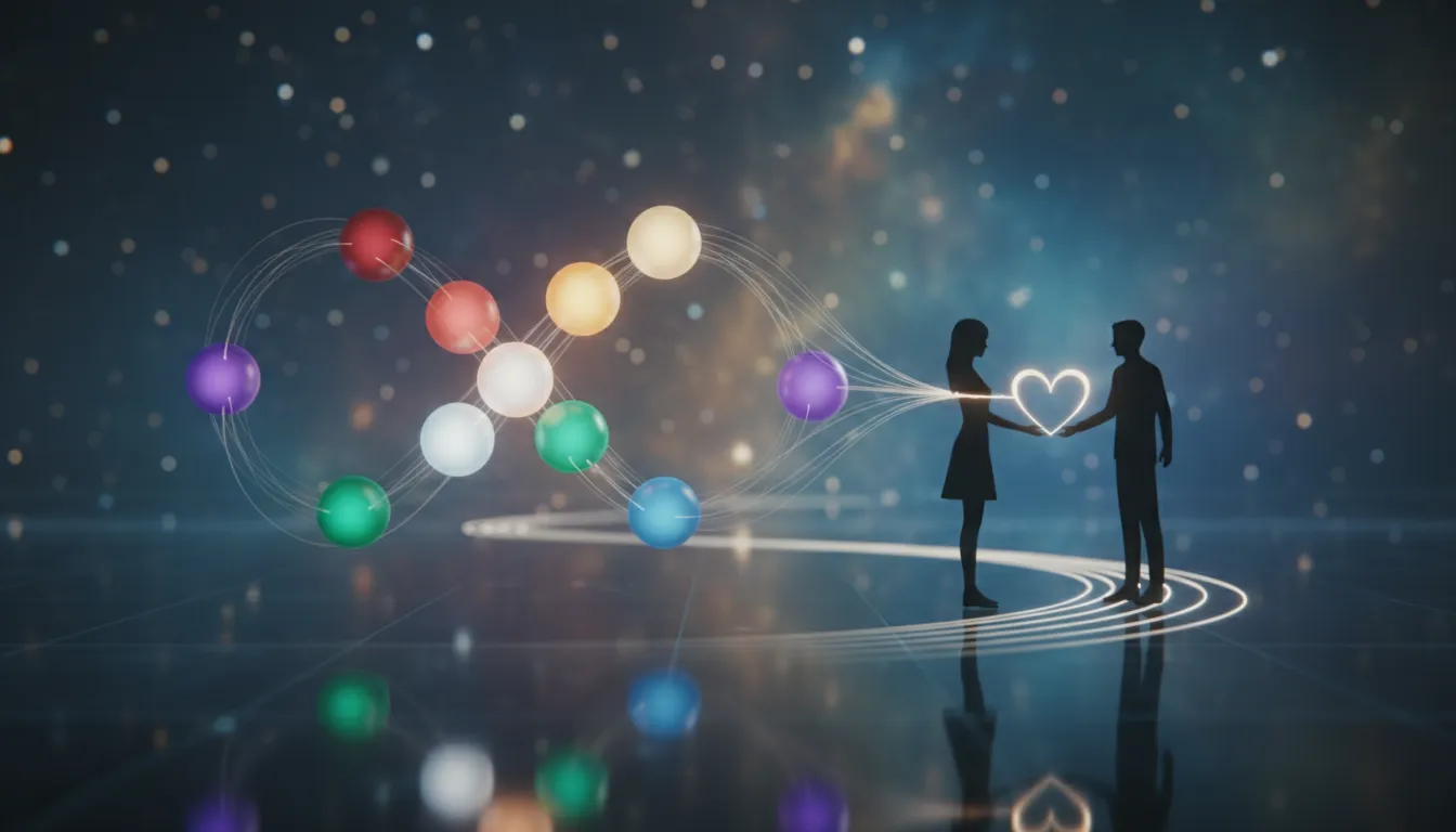 Stylized number 7 connecting two hearts, symbolizing soulful relationship quest.