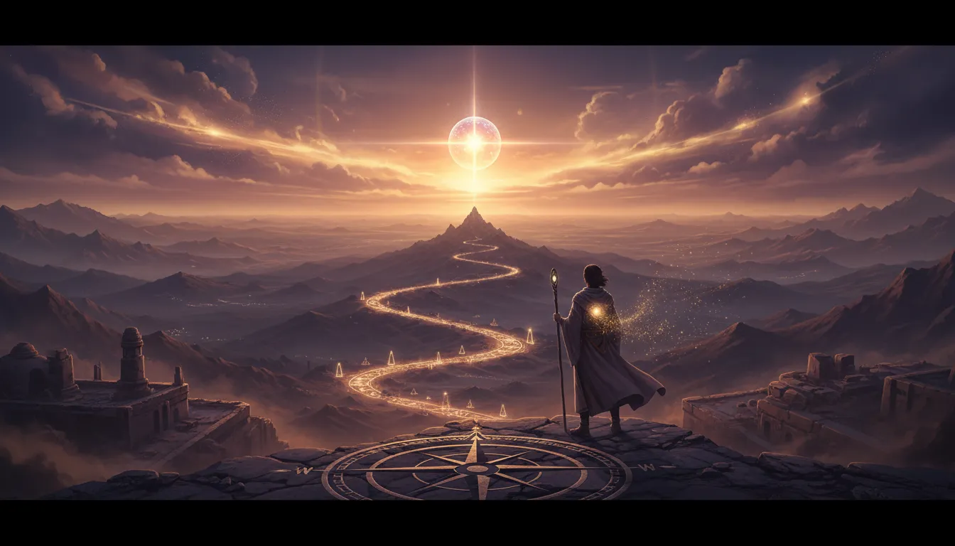 Lone figure on winding path towards distant light.