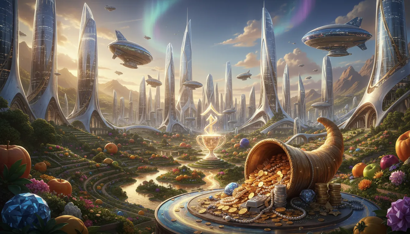 Gleaming gold coins, precious jewels, and symbols of material wealth.