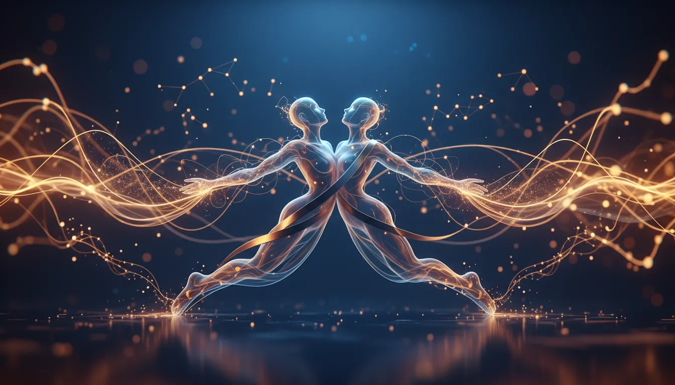 Abstract figures linked by glowing lines, representing connected relationship dynamics.