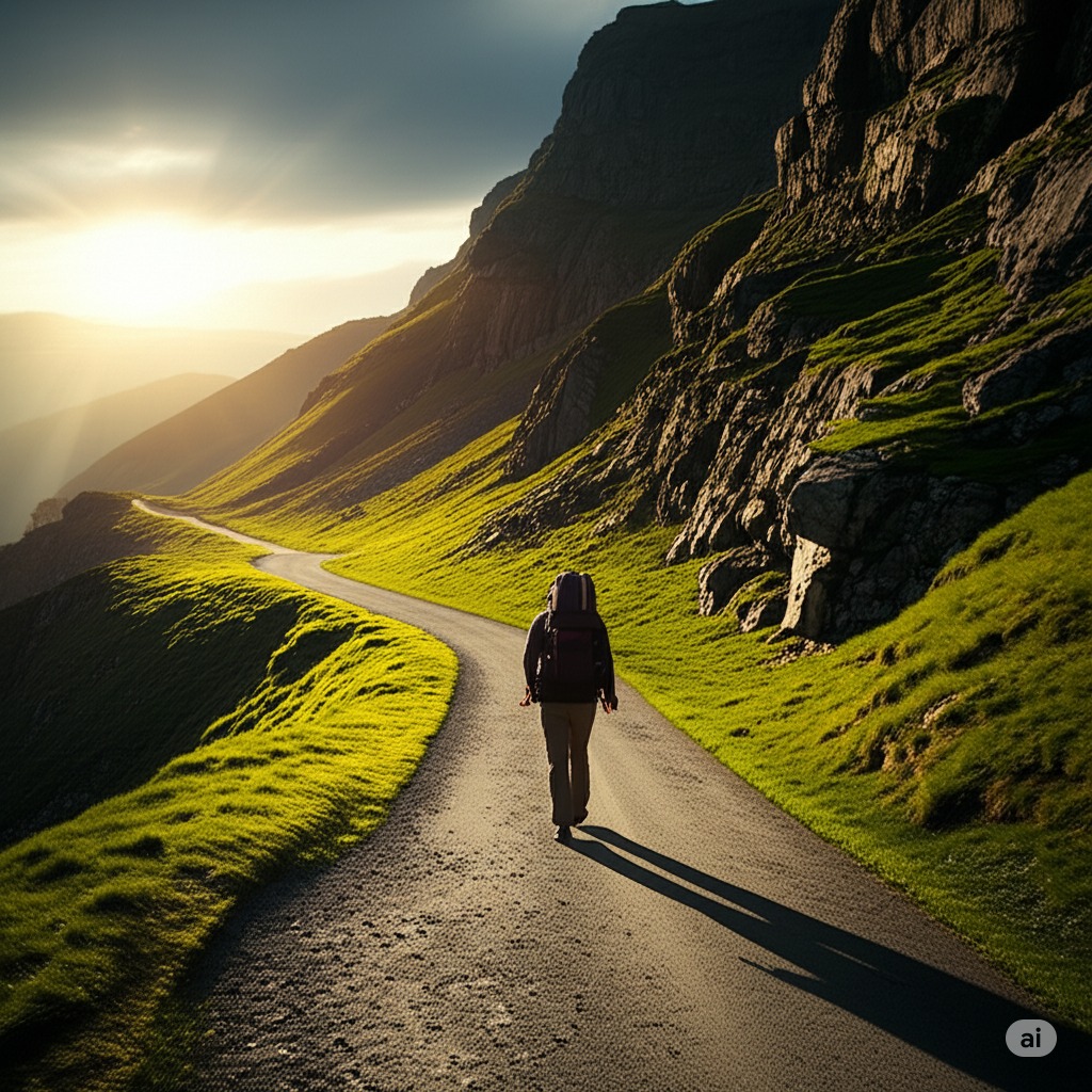 A person hiking up a path towards the sun right