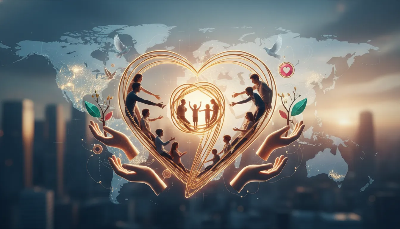 A glowing heart intertwined with helping hands, subtly showing number nine, for humanitarianism.