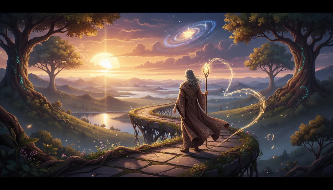 A serene path leading to a luminous '9', symbolizing wisdom and flourishing.