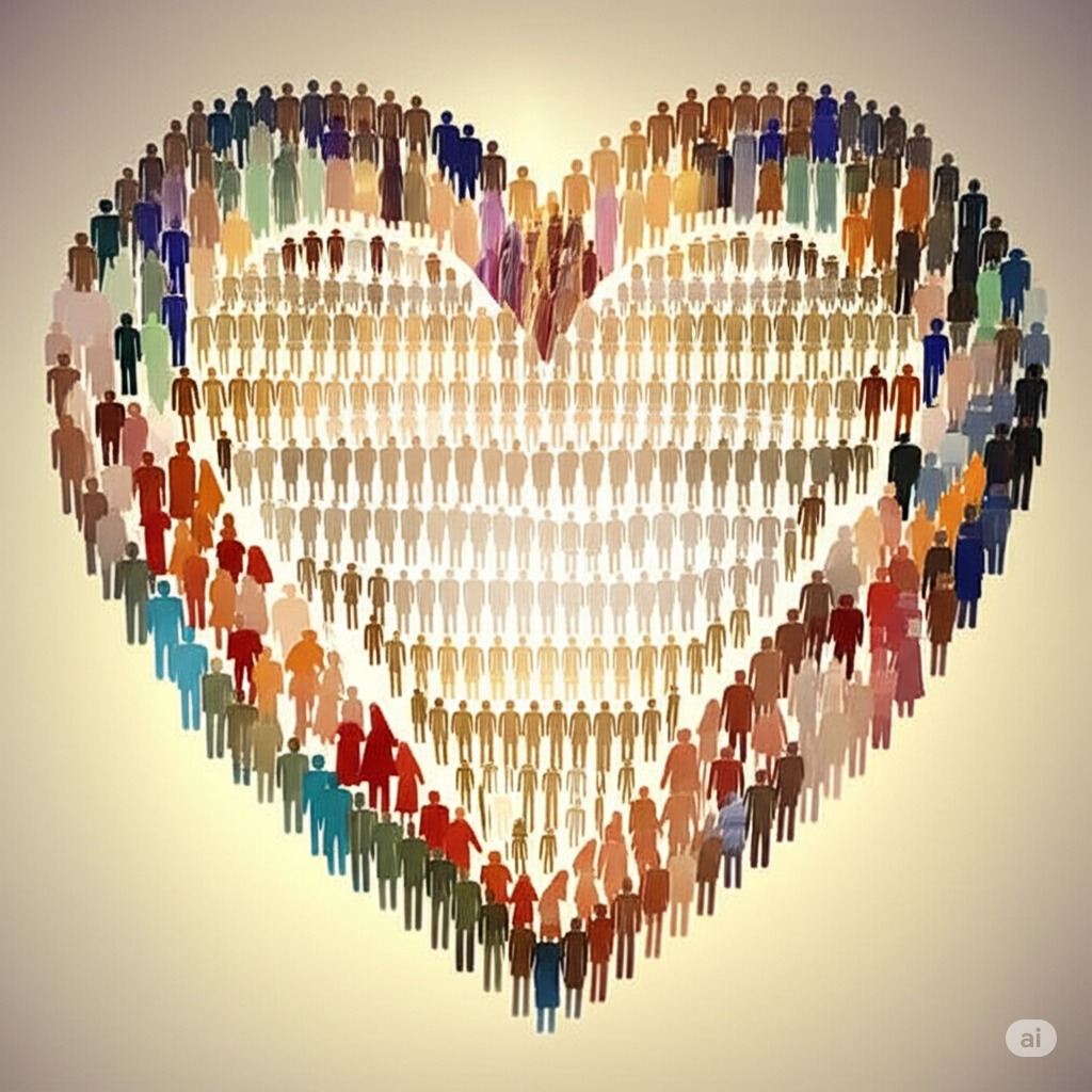 A series of multi-colored figures forming a heart together