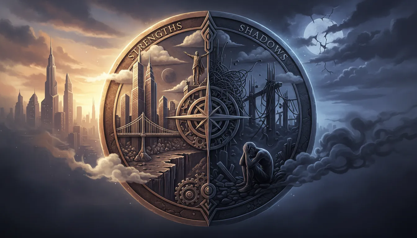 Coin split light and dark, symbolizing 22 Life Path's duality.