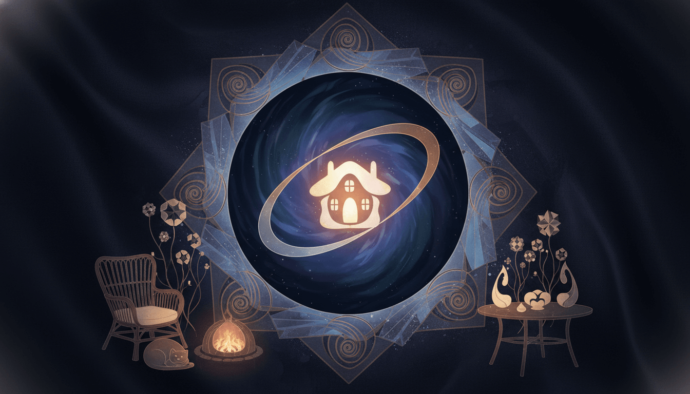 Cozy domestic scene contrasting an abstract void, featuring the number six.