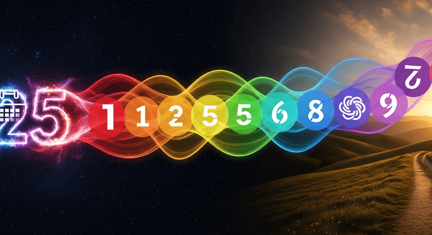 An artistic representation of the number 25 transitioning into a spectrum of colors, resembling a sound wave, over a landscape with a path.