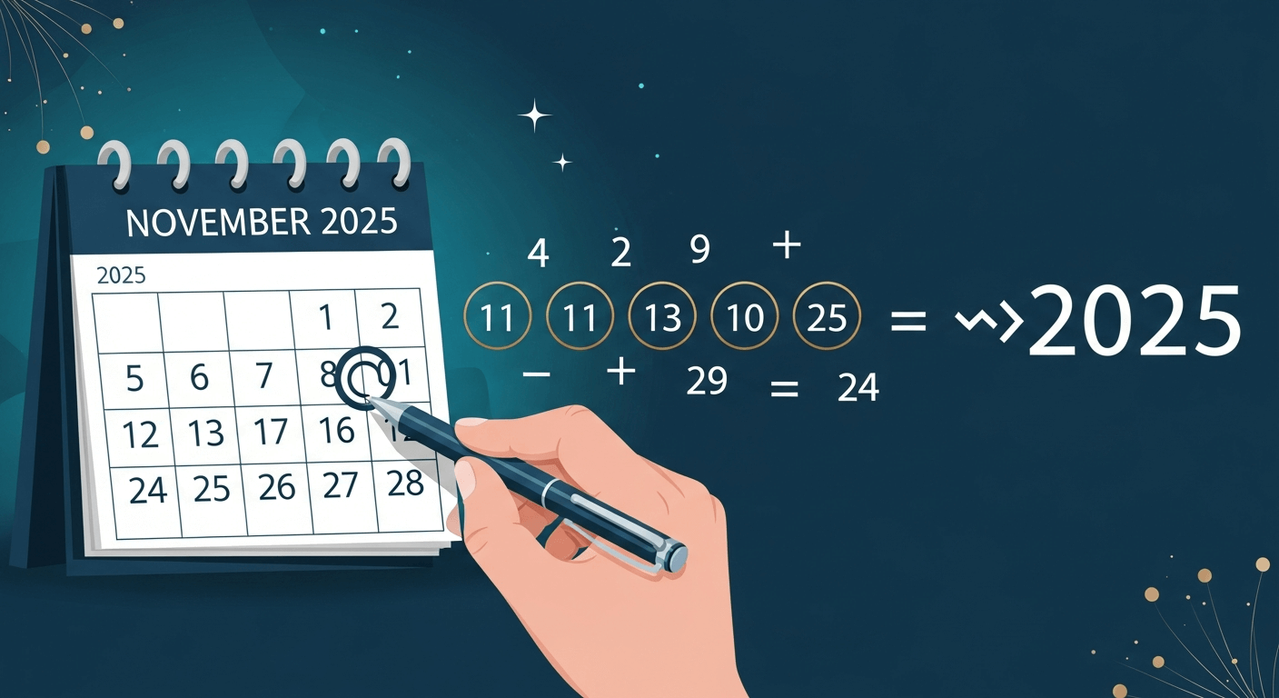 Graphic of a November 2025 calendar next to a hand analyzing a complex numerology sequence that equates to the year 2025.