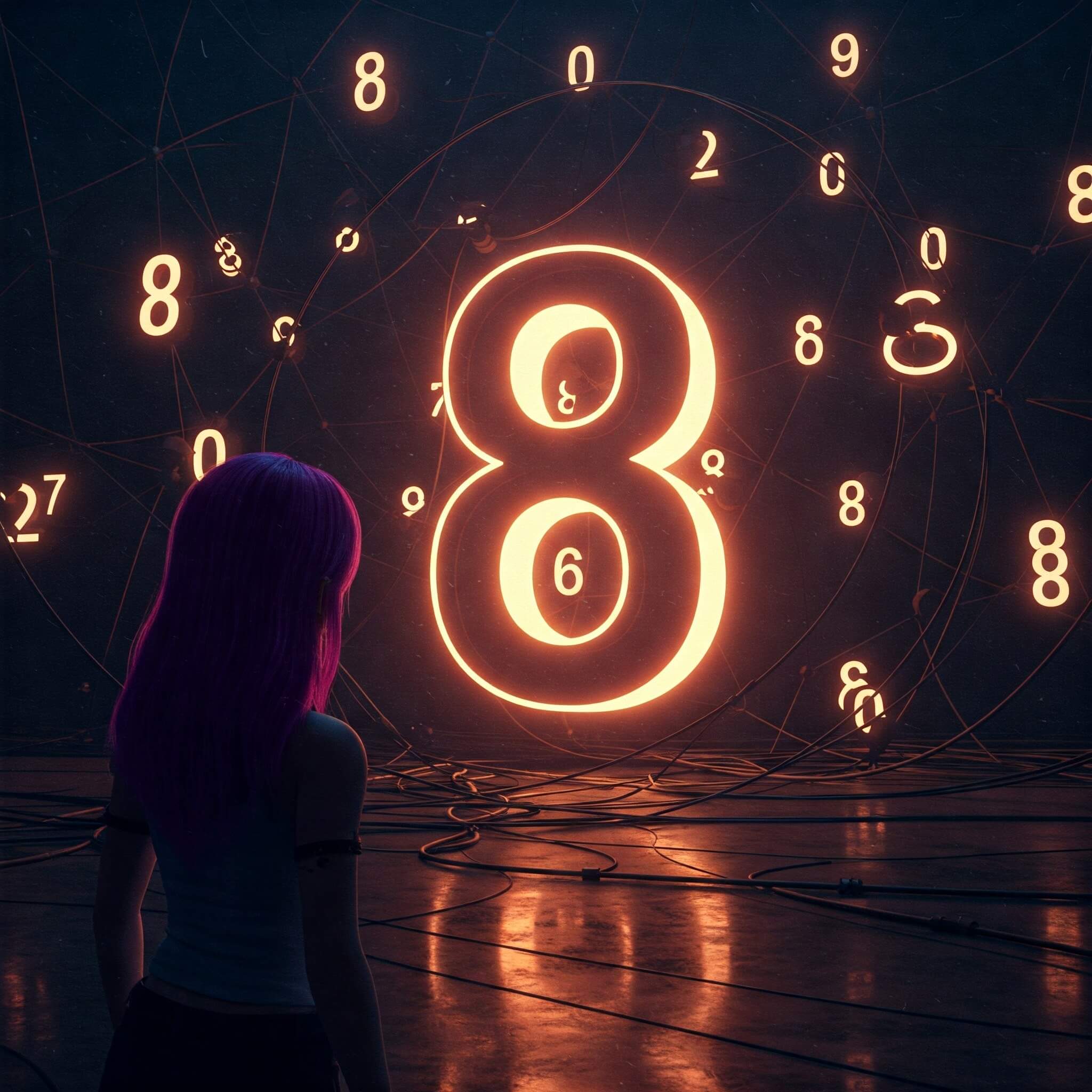 Woman looking at a large 8