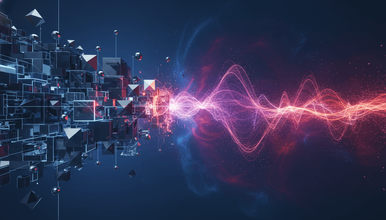 Geometric shapes and mechanical gears contrasted with vibrating wave patterns.