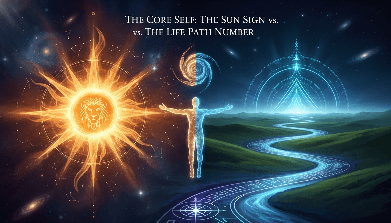 Sun icon and numerical path contrasting to show core self.