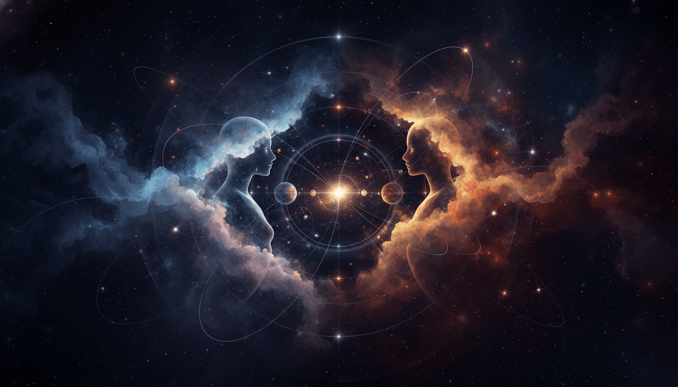 Two ethereal figures connecting, representing soul compatibility and synastry.