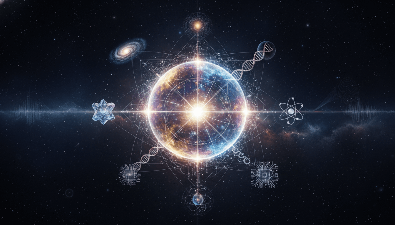 Abstract visualization of multiple scientific principles unifying into a single, cohesive theory.