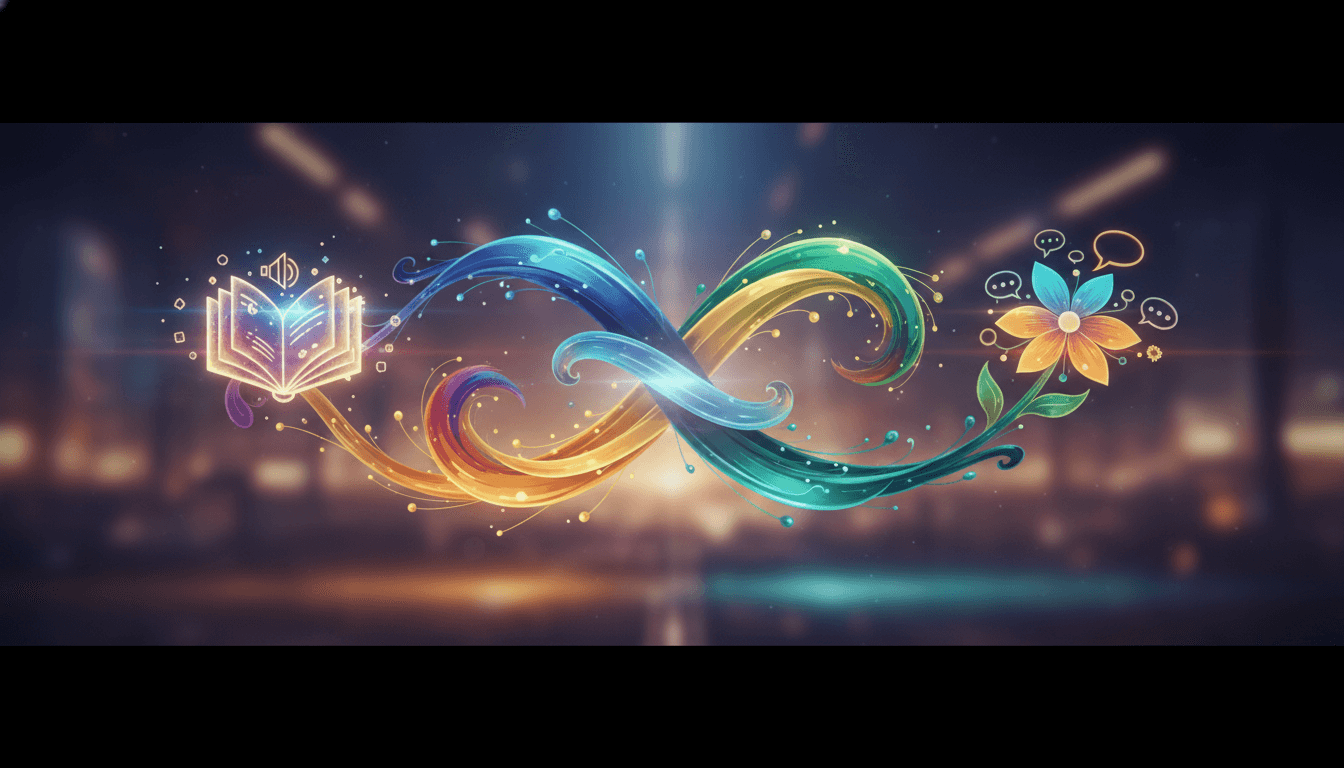 Expressive figure sharing ideas, surrounded by art and communication symbols.