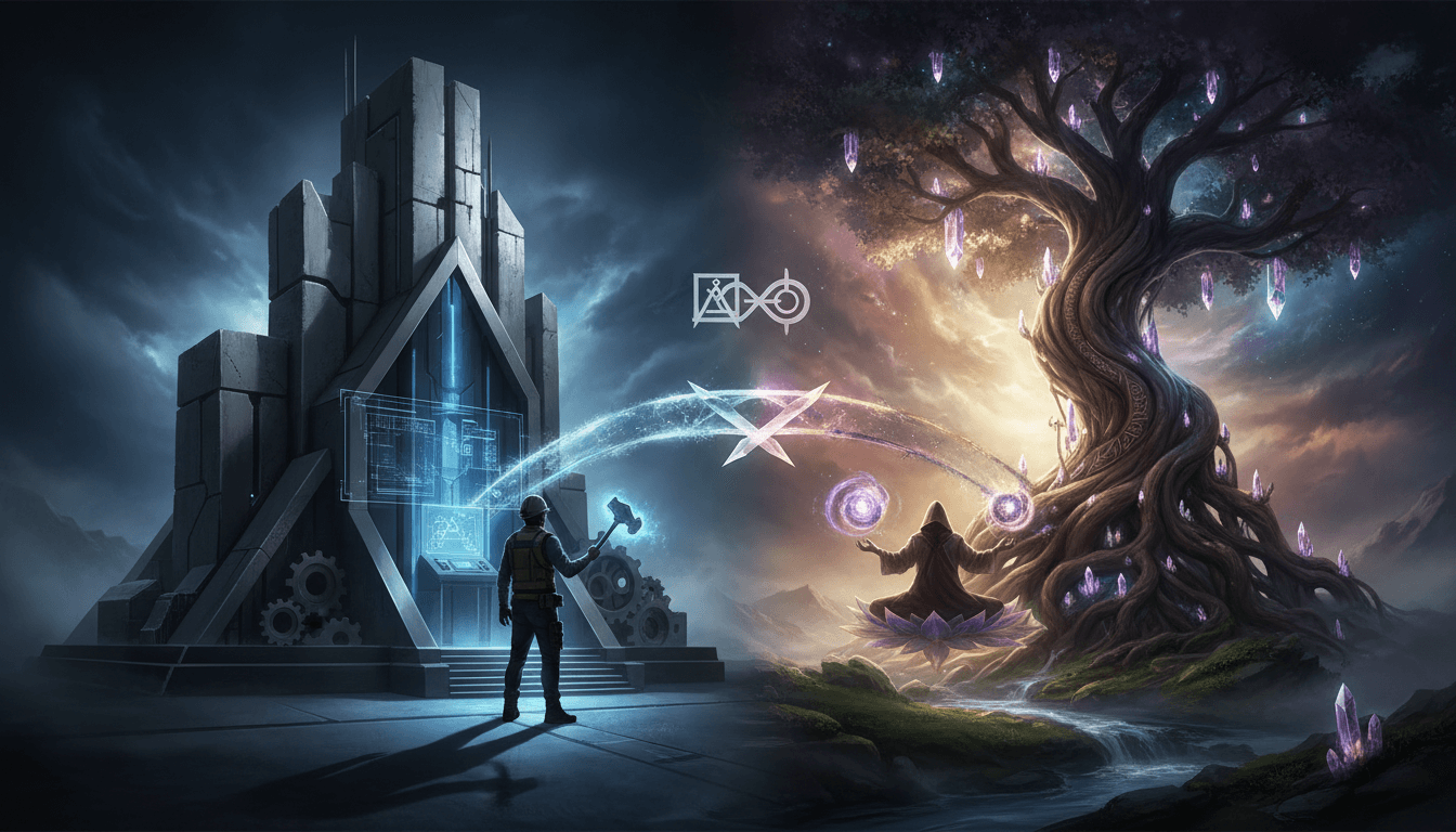 Architectural builder and mystical figure, representing foundational archetypes.