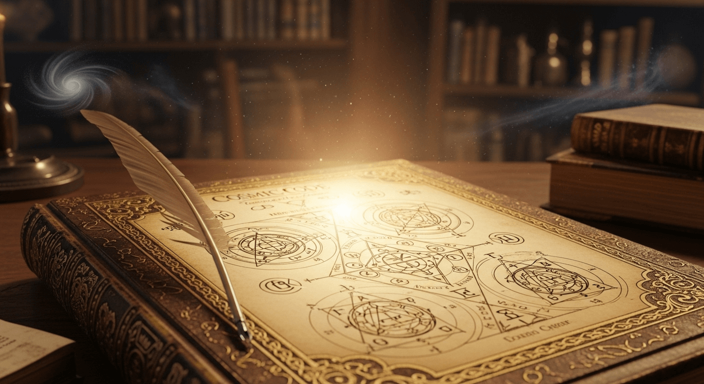 A feathered quill rests on an ancient, ornate book titled "COSMIC CODE" open to a page filled with intricate geometric and astrological diagrams, illuminated by a celestial light in a dimly lit study.