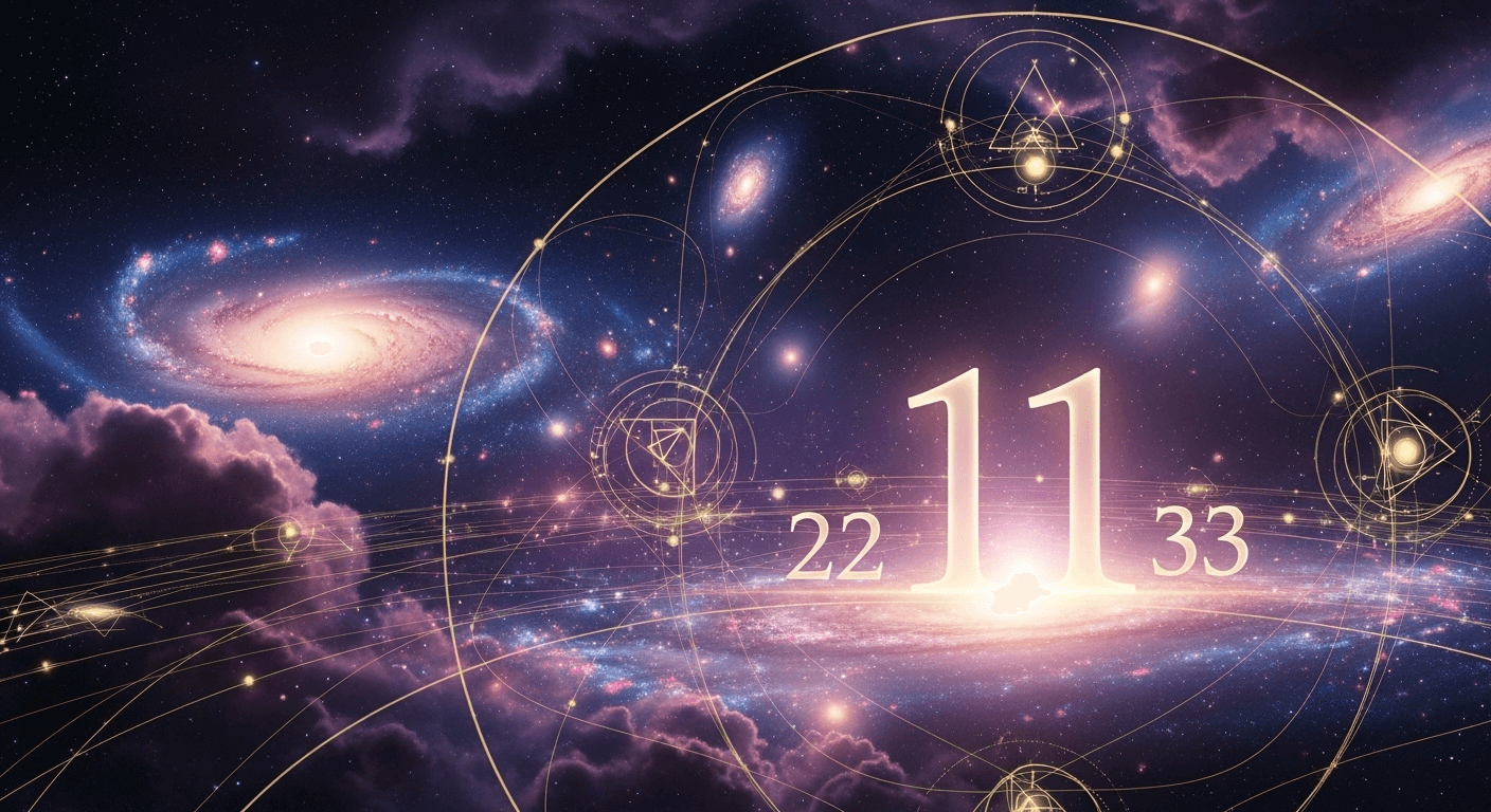 The number "11" glows prominently in the foreground, flanked by "22" and "33", set against a vibrant cosmic background filled with galaxies, nebulae, and subtle geometric overlays.