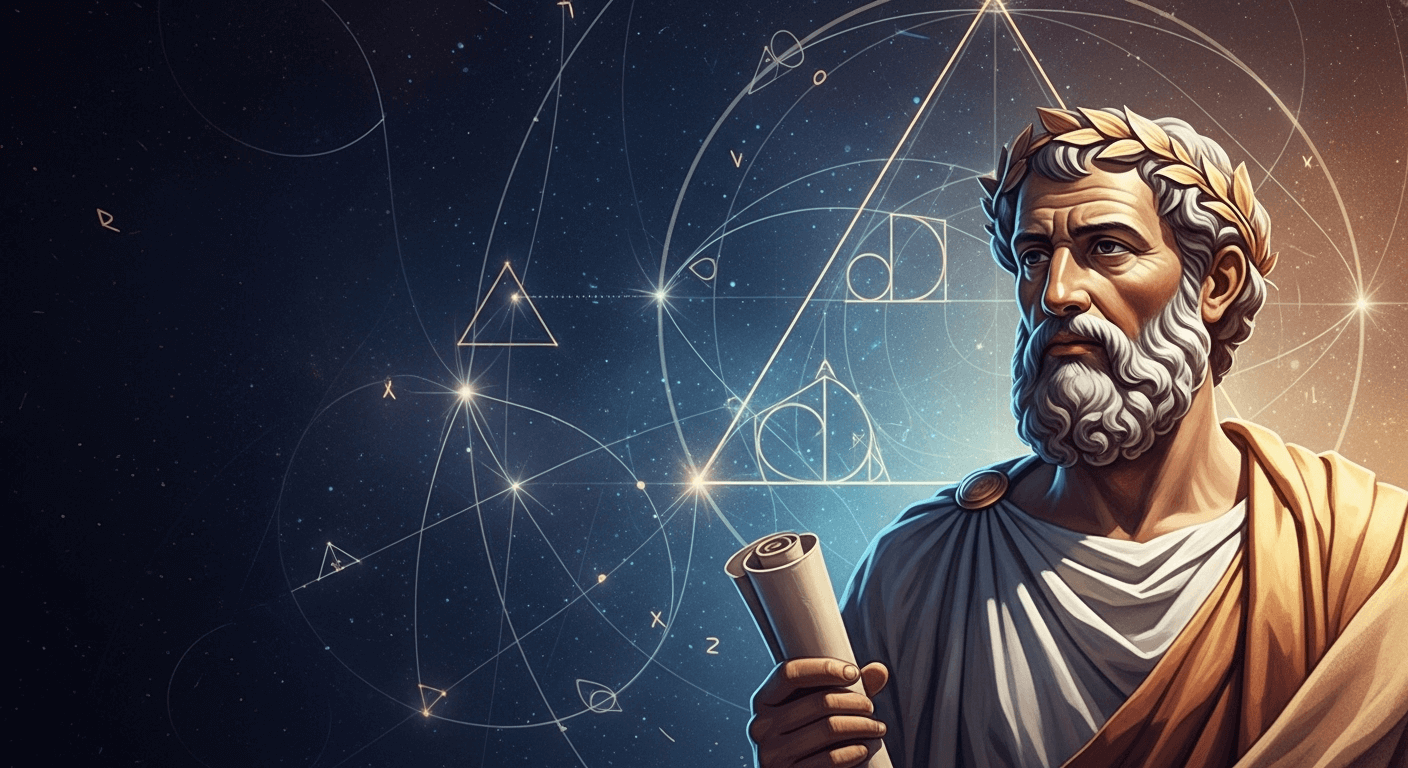 A regal depiction of Pythagoras, adorned with a laurel wreath and toga, holds a scroll against a cosmic backdrop filled with geometric diagrams and glowing lines.