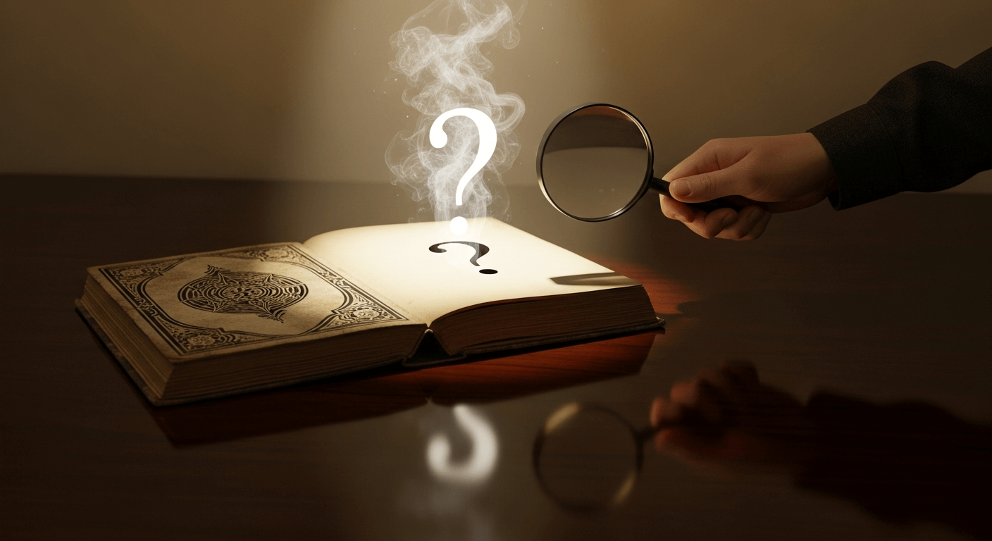 Hand holding a magnifying glass over an open book, where a glowing, smoky question mark rises from the pages.